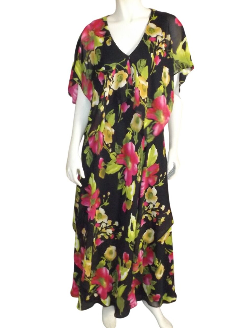 VICKY TIEL Dress, L, Maxi/Long, Green/Pink Floral, Sleeveless/Scarf covering